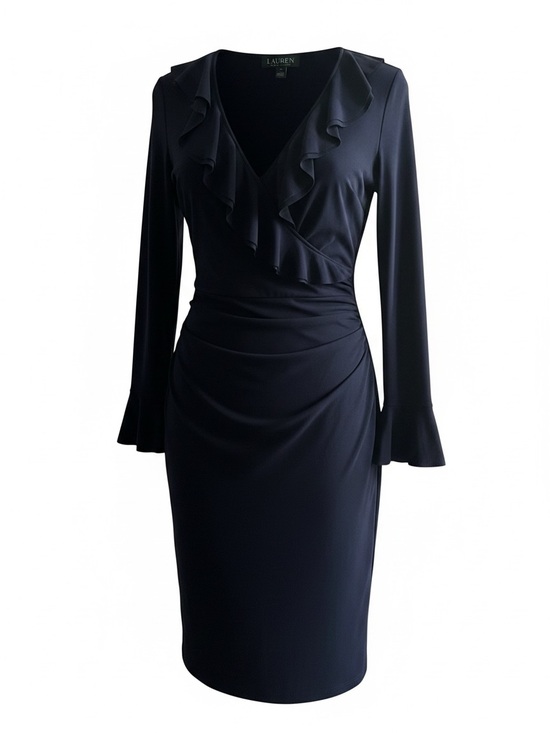 Ralph Lauren Dresses & Skirts - Ralph Lauren Navy Ruffle V‑Neck Long Sleeve Sheath Dress- Ms. Ralph to you :)